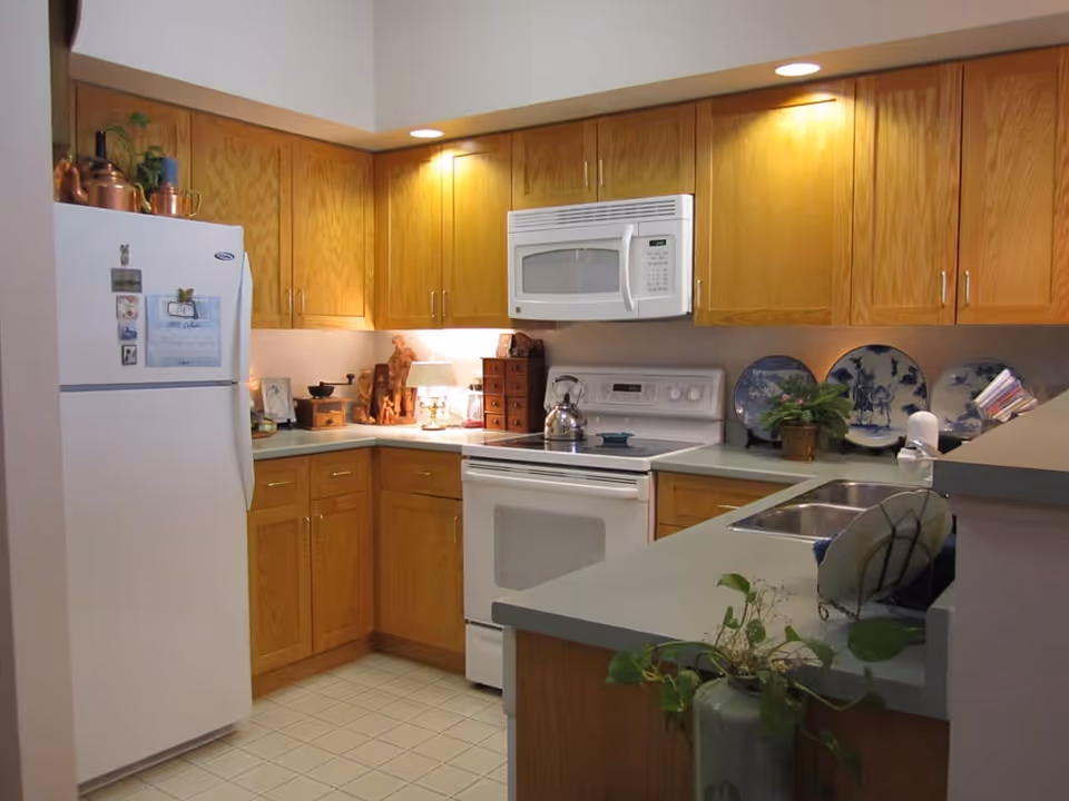 A kitchen with wooden cabinets, a white refrigerator with magnets, a white microwave above a white stove, a double sink, and various decorative items including plants and plates on the countertop.