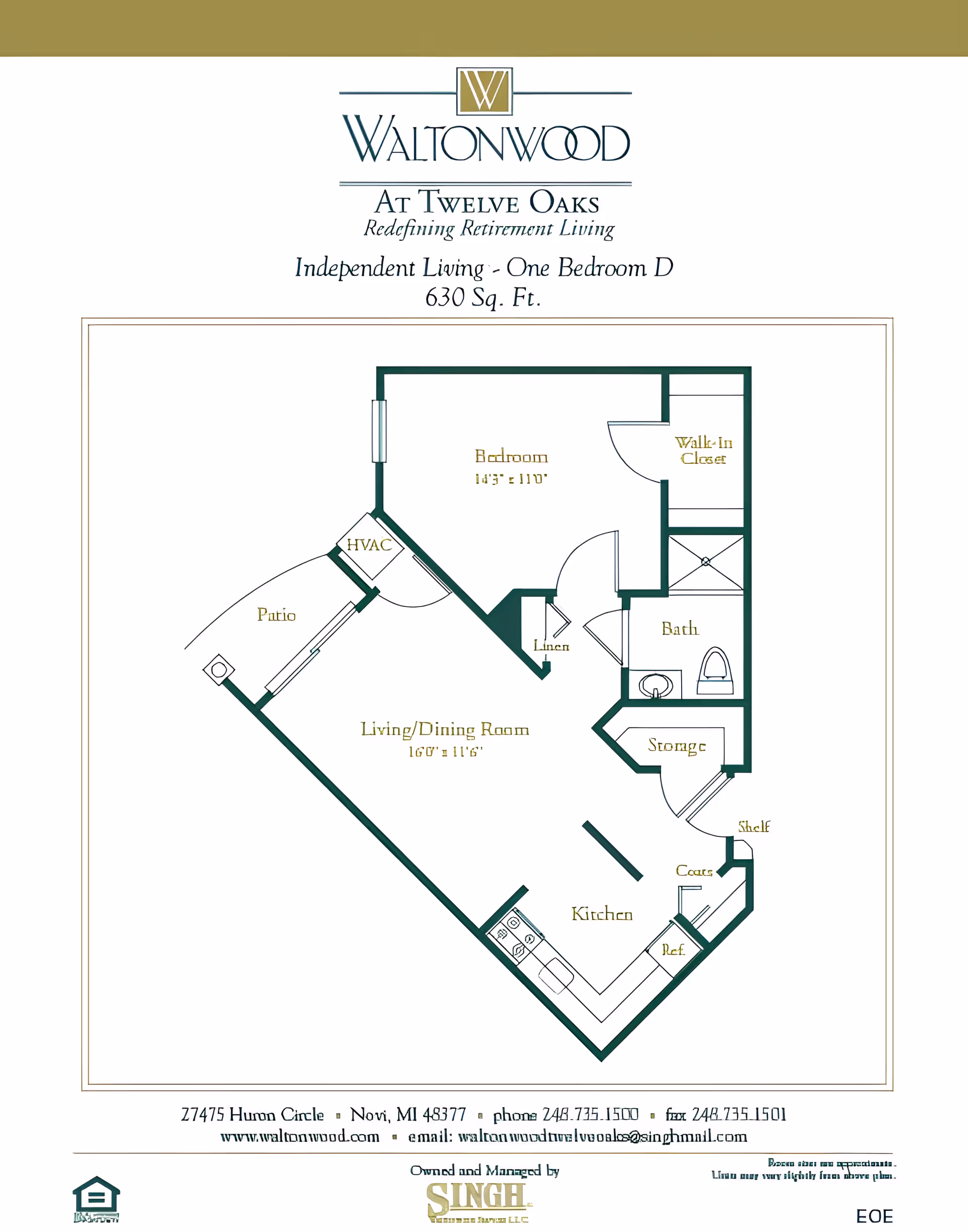 Floor plan diagram for a one-bedroom, 630 sq. ft. Waltonwood Twelve Oaks apartment showing bedroom, living/dining room, kitchen, bath, walk-in closet, patio and storage.