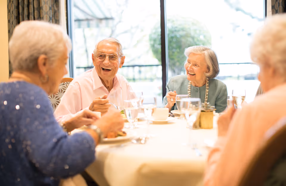 A group of elderly residents sit around a dining table, laughing and enjoying a meal by a large window.