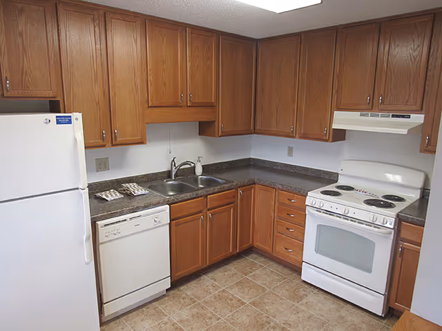 A kitchen with wooden cabinets, a white refrigerator, a white dishwasher, a double sink with a soap dispenser, and a white electric stove with an overhead vent. The countertops are dark and the floor is tiled.