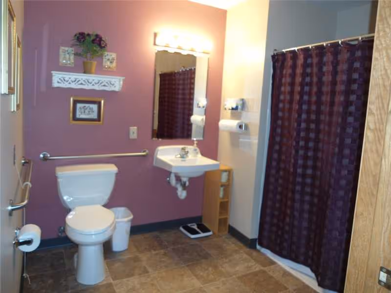Senior living bathroom with purple accent wall, toilet, sink, mirror, and purple shower curtain.