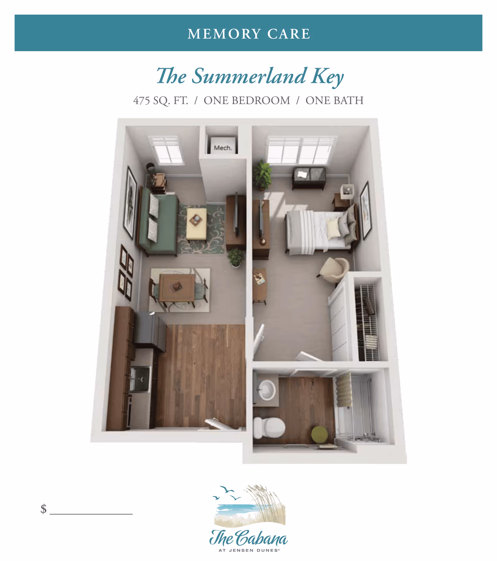 3D floor plan of The Summerland Key memory care unit at The Cabana at Jensen Dunes, showing a one-bedroom, one-bath apartment with a living room, kitchen, bedroom, bathroom, and closet space.