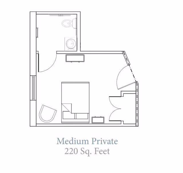 Architectural floor plan of a medium private room measuring 220 square feet, showing a bedroom area with a bed, chair, and two small tables, along with an attached bathroom containing a toilet and sink.