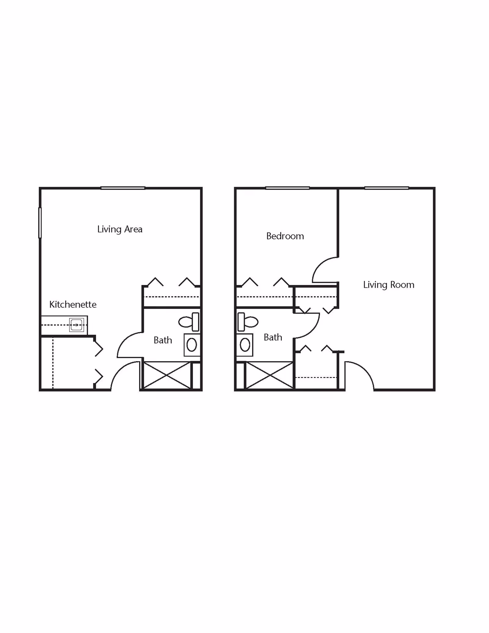 Architectural floor plan showing two layouts. The first layout includes a living area, kitchenette, and bathroom. The second layout includes a bedroom, living room, and bathroom.