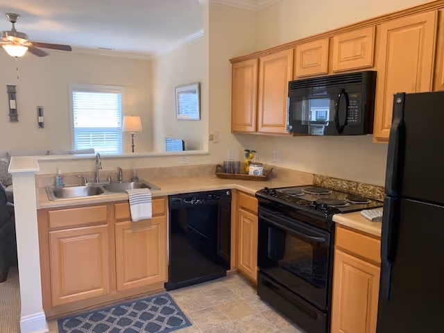 Open compact kitchen with light wood cabinets, a double sink, black appliances (refrigerator, stove, microwave, dishwasher) and a pass-through to the adjoining living area.