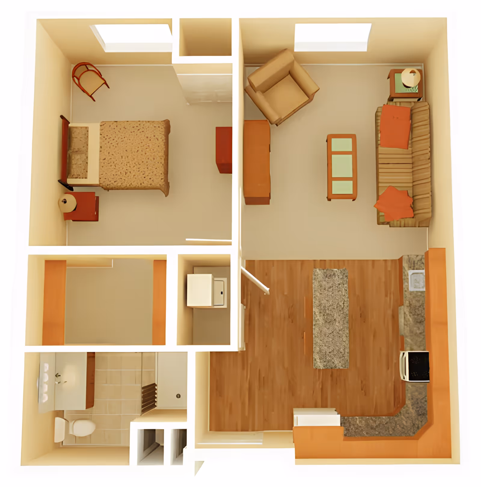 Top-down 3D floor plan of a one-bedroom senior living apartment showing a bedroom, bathroom, living room and kitchen.