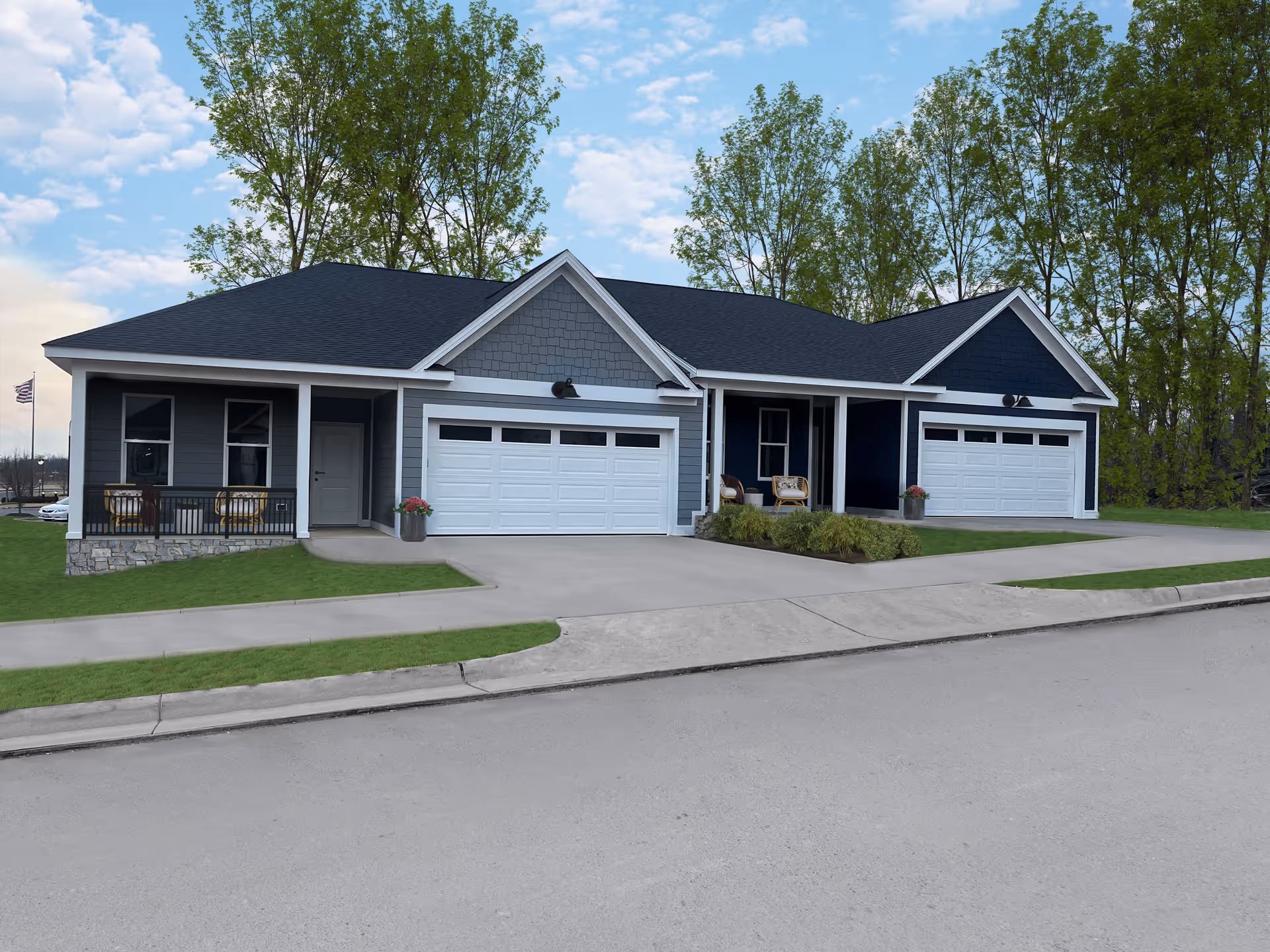 Front view of a single-story duplex-style residential building with attached garages, porches, and trees behind it.