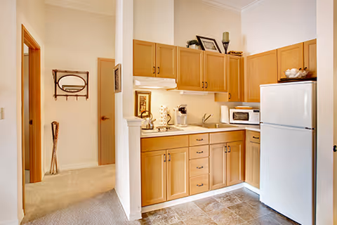 A compact kitchenette with light wood cabinets, a white refrigerator and microwave, and a sink next to a carpeted hallway.