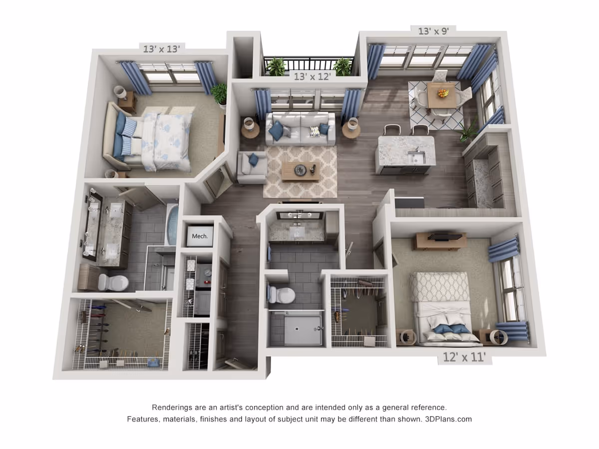 3D rendered floor plan of a two-bedroom apartment showing a living room, kitchen with island, two bathrooms, and closets.