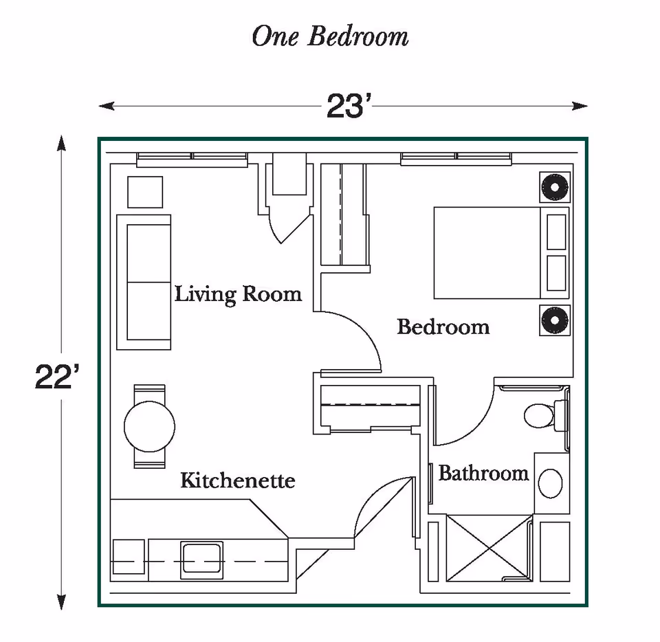 Black-and-white one-bedroom floor plan showing a living room, kitchenette, bedroom, and bathroom with overall dimensions 23' by 22'.