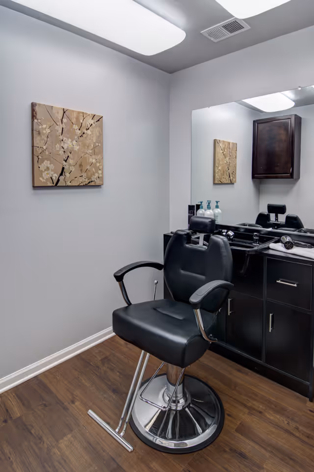 A small salon area with a black barber chair in front of a large mirror. The wall is painted light gray and has a decorative painting of branches with white flowers. There is a black cabinet with hair care products and a hair dryer on the counter.