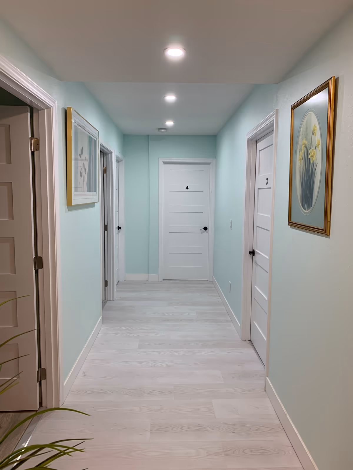 A clean, well-lit hallway with light blue walls and white doors numbered 3 and 4. The floor is light wood, and there are framed floral artworks on the walls. Recessed ceiling lights illuminate the corridor.