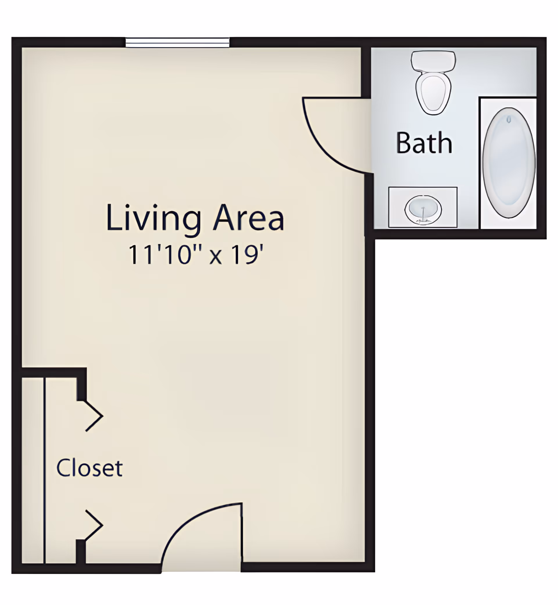 Floor plan of a living area measuring 11 feet 10 inches by 19 feet, with an attached bathroom containing a toilet, sink, and bathtub, and a closet near the entrance.