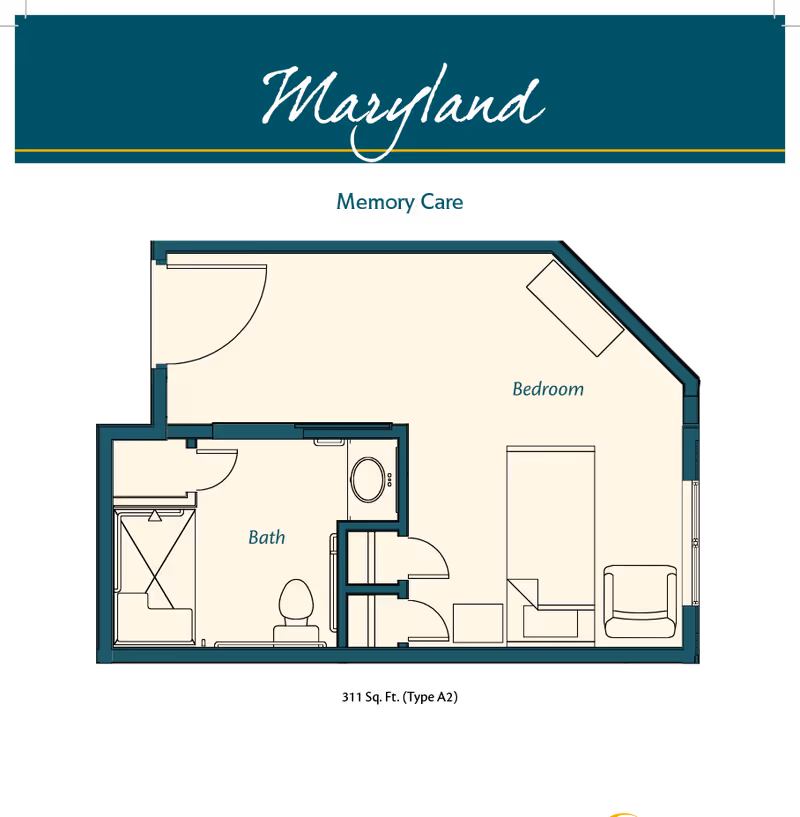 Floor plan labeled Maryland for Memory Care at Ciel of Shorewood, showing a bedroom area with a bed, chair, and small table, and a separate bathroom with a shower, toilet, and sink.
