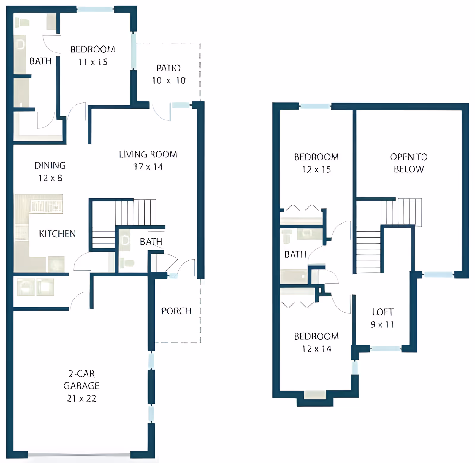 Two-story floor plan diagram showing rooms including living room, kitchen, dining, porch, patio, garage and multiple bedrooms and baths.