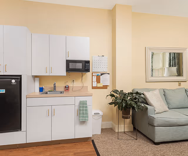 A small kitchenette area with white cabinets, a black mini refrigerator, a microwave, a sink, and a countertop. A green checkered towel hangs on one cabinet door. Next to the kitchenette is a light green sofa with two pillows and a potted plant on a stand. A mirror hangs on the beige wall above the sofa.