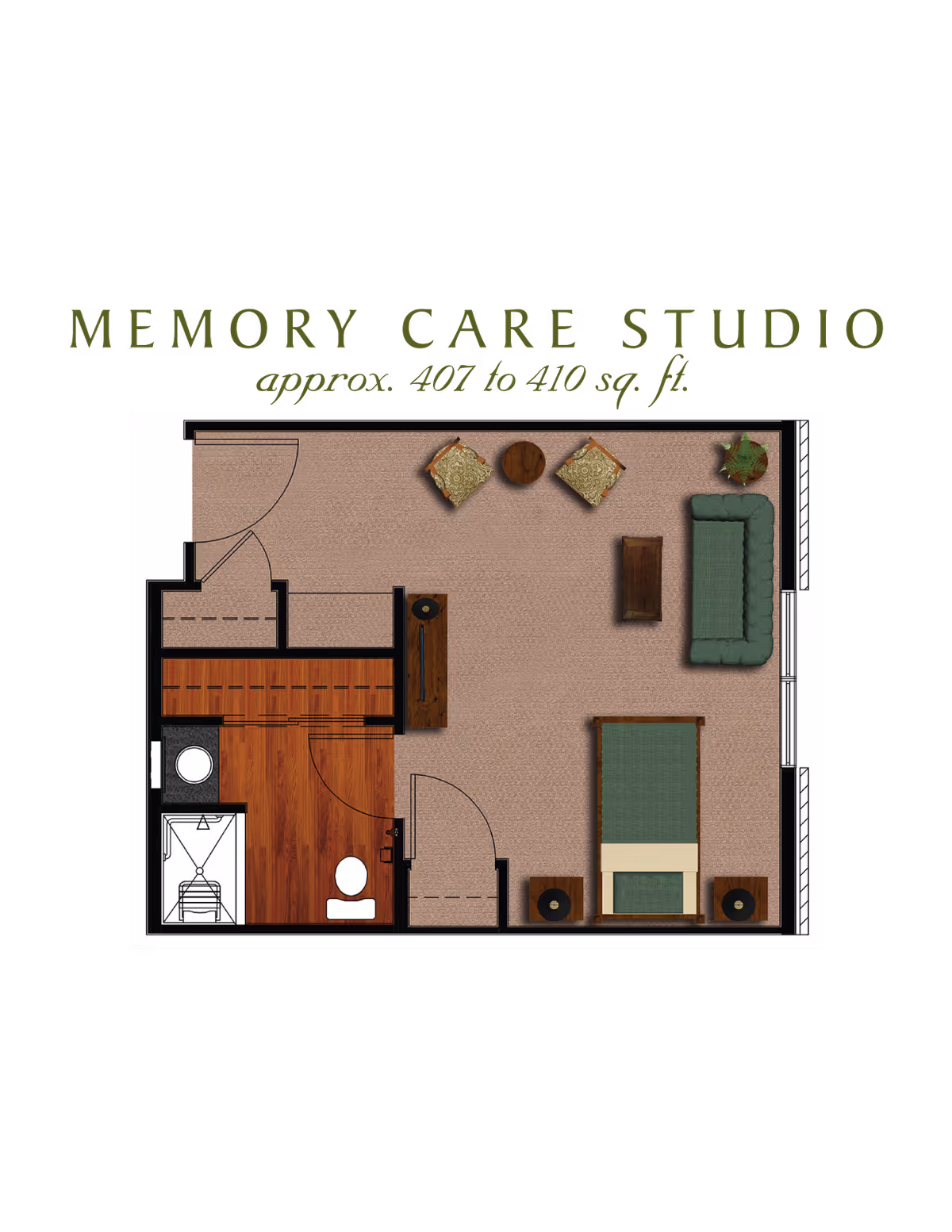 Floor plan of a Memory Care Studio apartment approximately 407 to 410 square feet, featuring a living area with a sofa, two chairs, a small table, a bed with two nightstands, a bathroom with a shower, toilet, and sink, and a closet area.