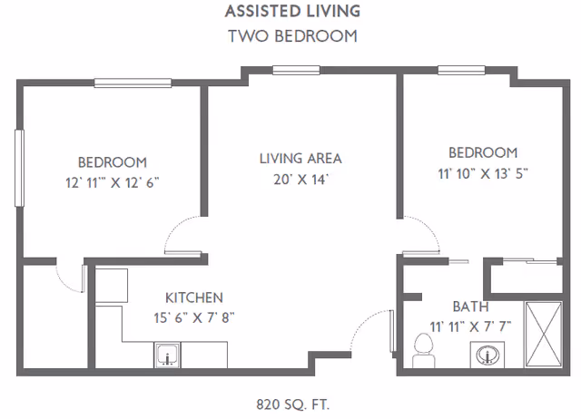 Floor plan of an assisted living two-bedroom apartment at Traditions at Hunter Station, showing two bedrooms, a living area, kitchen, and bathroom with dimensions and total area of 820 square feet.