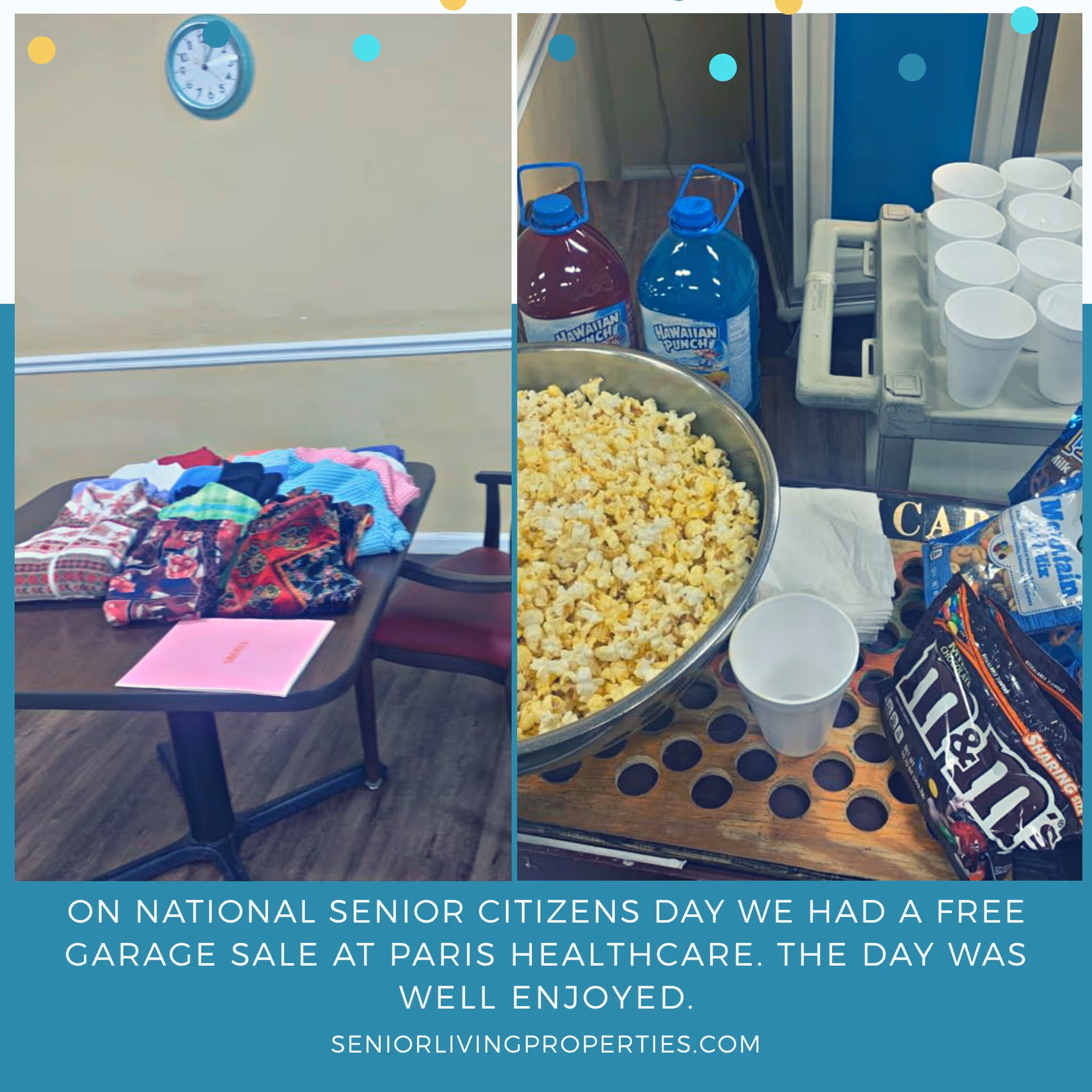 Two images side by side. Left image shows a table with folded clothes and a pink folder on it, with a clock on the wall above. Right image shows a table with a large bowl of popcorn, bottles of Hawaiian Punch, bags of M&M's, white disposable cups, and napkins, indicating a snack setup.
