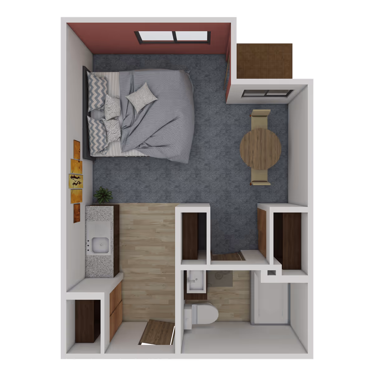 Top-down view of a senior living studio apartment floor plan featuring a bedroom area with a bed and pillows, a small dining area with a round table and two chairs, a kitchenette with a sink and cabinets, and a bathroom with a toilet, sink, and bathtub. There is also a small balcony area outside the dining space.
