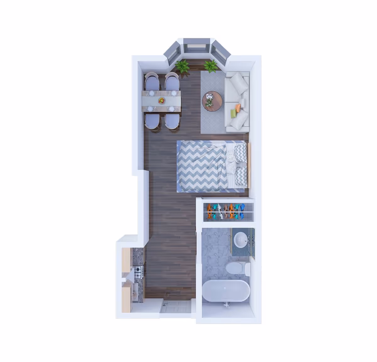 Top-down view of a studio apartment floor plan featuring a combined living and sleeping area with a bed, sofa, coffee table, dining table with four chairs, a small kitchen area with stove and sink, and a bathroom with bathtub, toilet, and sink.
