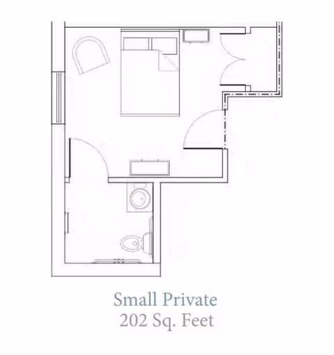 Architectural floor plan of a small private room measuring 202 square feet, showing a bedroom area with a bed and chair, and an attached bathroom with a toilet and sink.