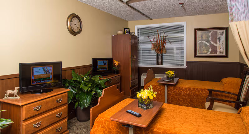 A cozy room with two single beds covered in orange patterned bedspreads. Each bed has a wooden overbed table with a vase of yellow flowers and a TV remote on one. There is a wooden dresser with a TV on top, a large green plant, a wooden cabinet, and a window with blinds. The walls are painted beige with dark wood paneling on the lower half, and a clock and framed artwork hang on the walls.