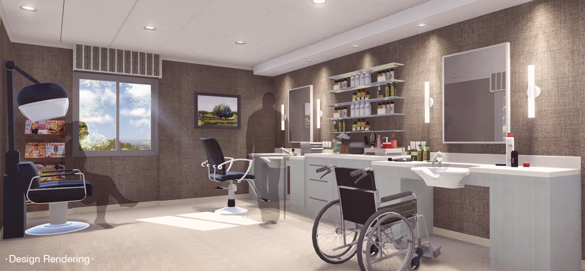 A modern salon or grooming room with two styling chairs, a wheelchair, large mirrors, shelves stocked with hair and beauty products, a window letting in natural light, and a magazine rack. The room has a clean, professional look with neutral-colored walls and flooring.
