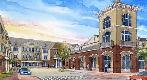 Watercolor illustration of the Landing at Watermere Frisco exterior building.