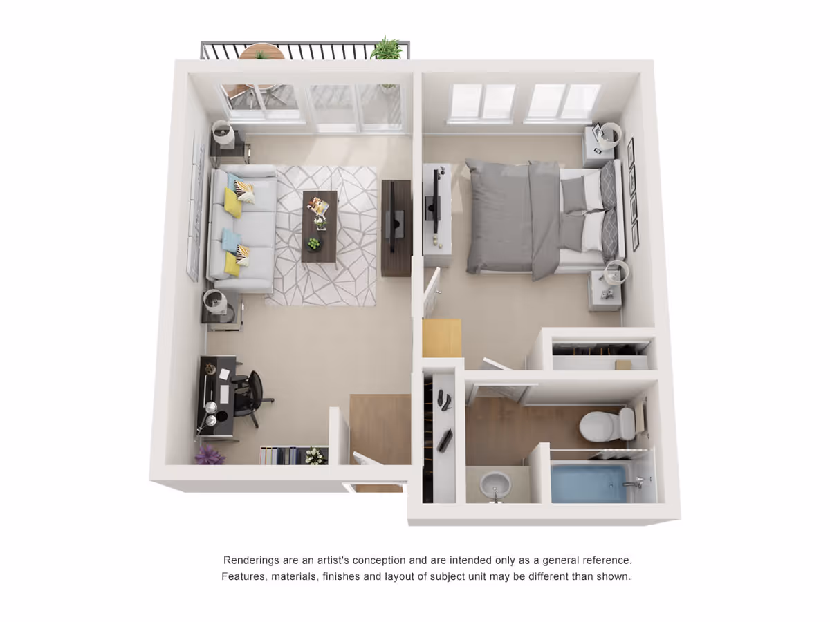3D floor plan of a one-bedroom apartment showing a living room with a sofa, coffee table, desk, and balcony, a bedroom with a bed and nightstands, and a bathroom with a sink, toilet, and bathtub.