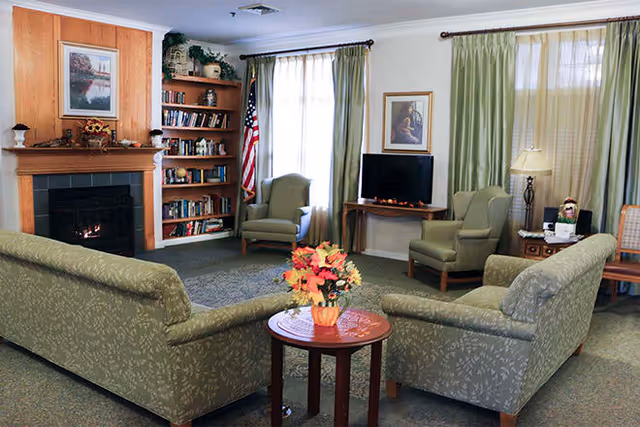 A cozy living room with two green patterned sofas facing each other around a small wooden table with a flower arrangement. There is a fireplace with a wooden mantel and a framed picture above it on the left side. A bookshelf filled with books and decorative items is next to the fireplace. Two armchairs are placed near windows with green curtains. A small TV is on a wooden stand between the windows. The room is softly lit with a table lamp on a side table.