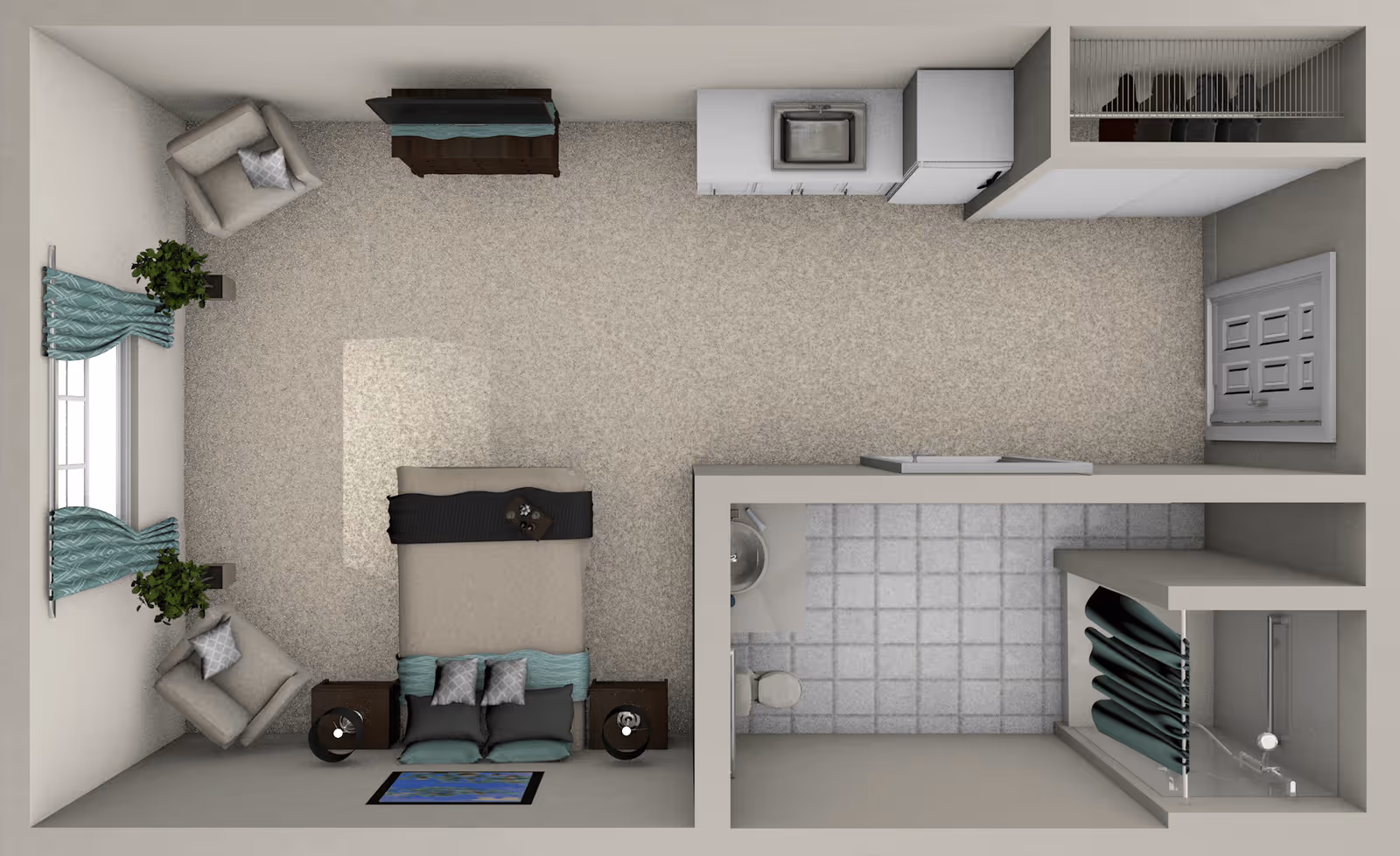 Top-down view of a studio apartment layout featuring a sleeping area with a bed and two armchairs near a window with curtains. There is a small kitchenette with a sink and cabinets, and a separate bathroom with a toilet, sink, and shower.