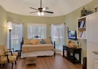 A cozy living room with a daybed adorned with pillows, two armchairs, a ceiling fan with lights, a floor lamp, a wall-mounted TV, and a small black console table with decorative items. The room has light green walls, wooden flooring, and three large windows with white blinds allowing natural light to enter.
