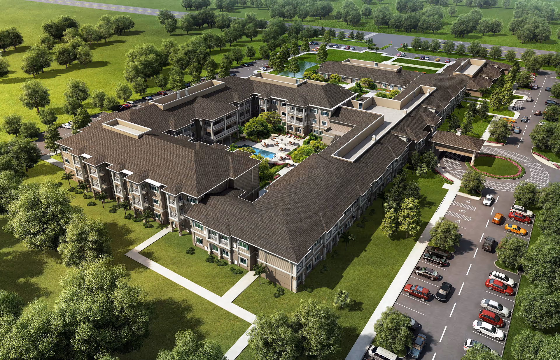 Aerial view of a large senior living facility named American House St. Petersburg, showing a multi-wing building with a central courtyard featuring a pool and seating areas, surrounded by green lawns, trees, and parking lots with cars.