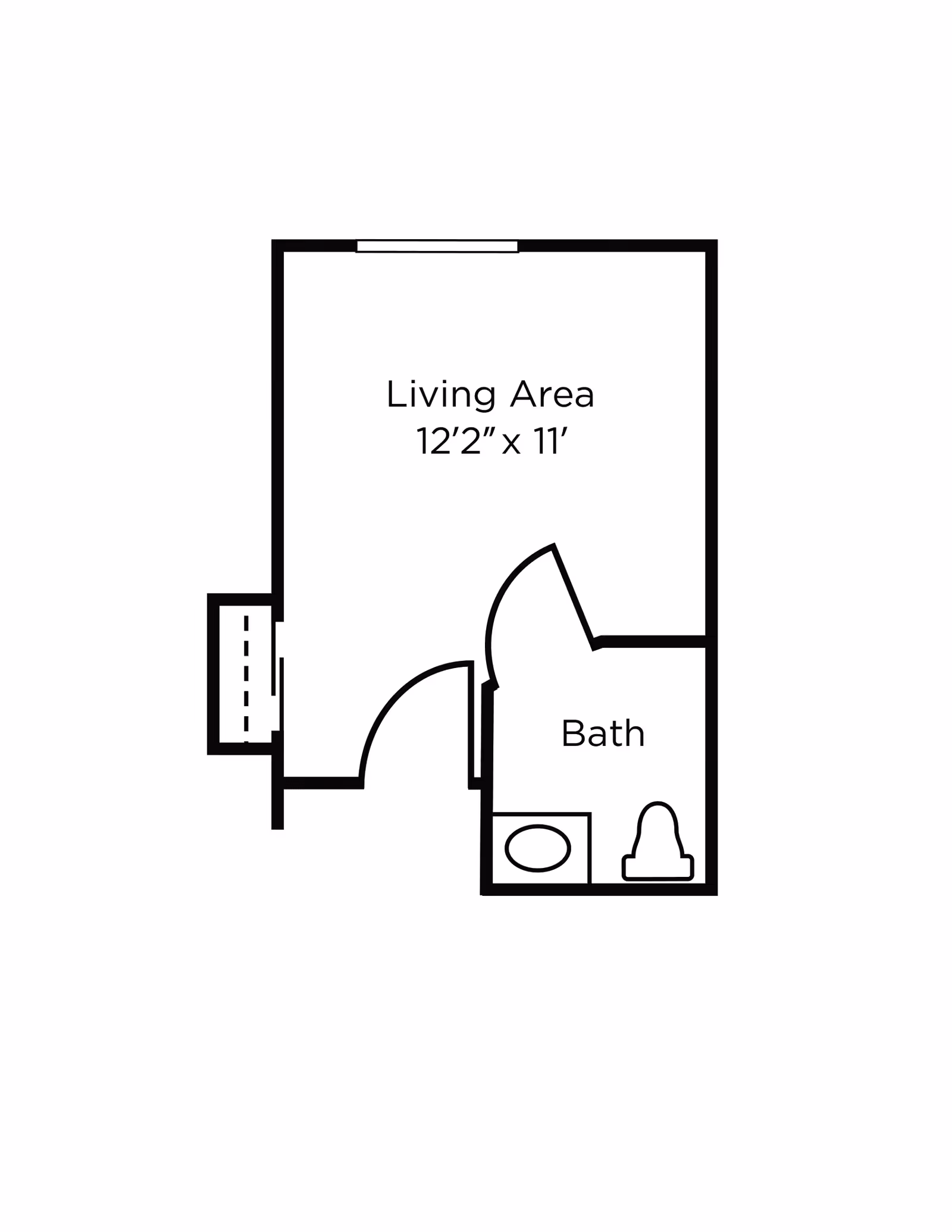 Floor plan showing a living area measuring 12 feet 2 inches by 11 feet, connected to a bathroom with a toilet and sink.