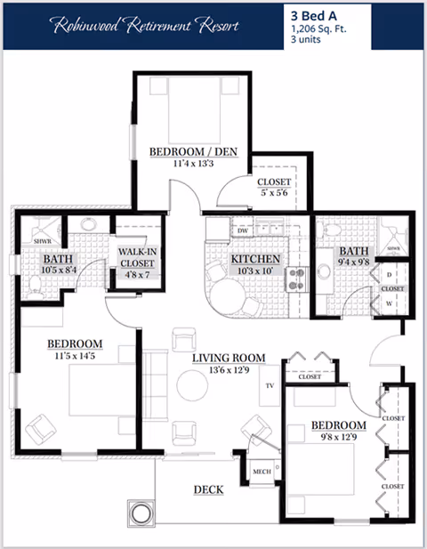 Floor plan of a 3-bedroom apartment at Robinwood Retirement Resort showing a living room, kitchen, three bedrooms including one labeled as bedroom/den, two bathrooms, closets, a walk-in closet, and a deck. Dimensions for each room are provided.