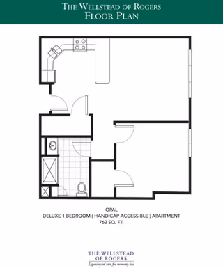 Black-and-white floor plan diagram of a one-bedroom, handicap-accessible apartment with a kitchen, bathroom, bedroom and living area labeled 762 sq. ft.