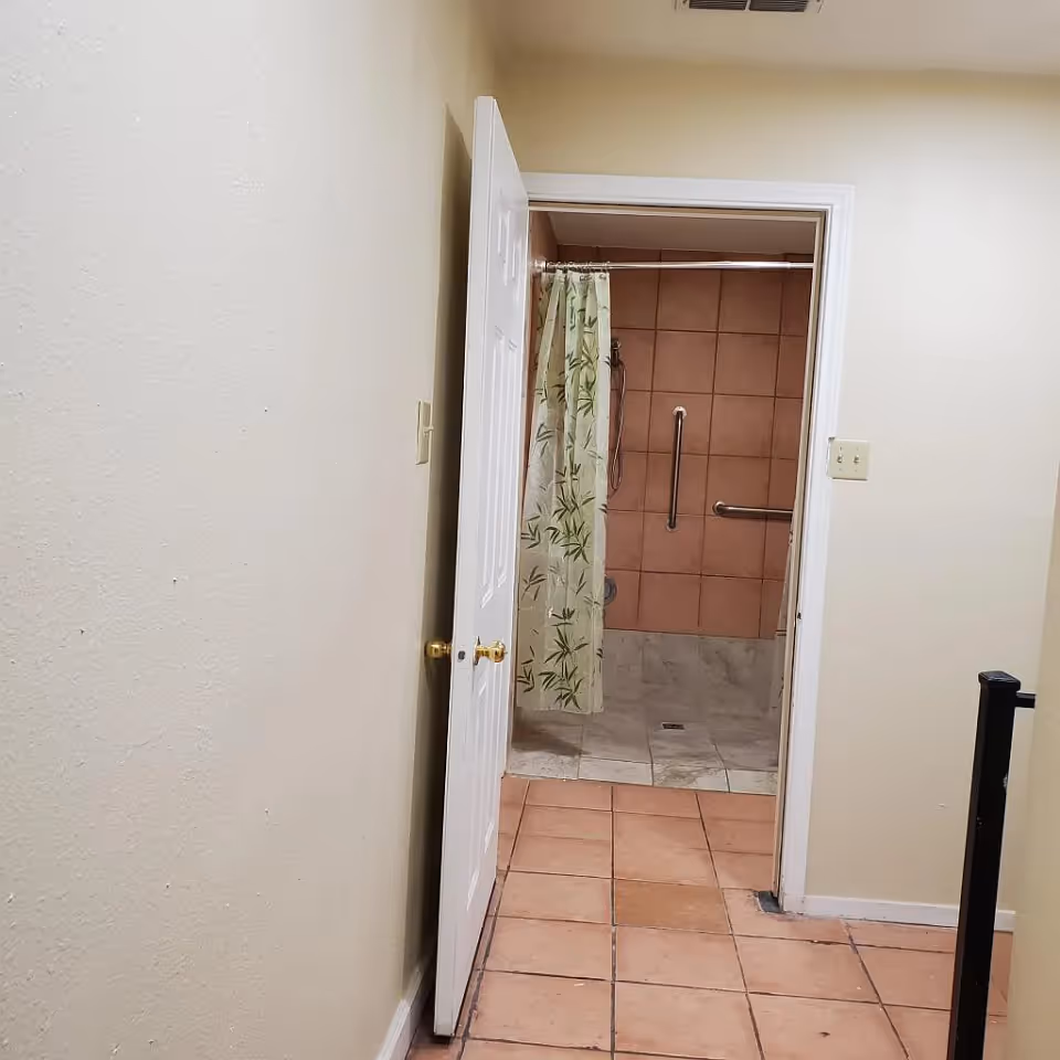 Hallway leading to a bathroom with a tiled walk-in shower, grab bars, and a green patterned shower curtain.