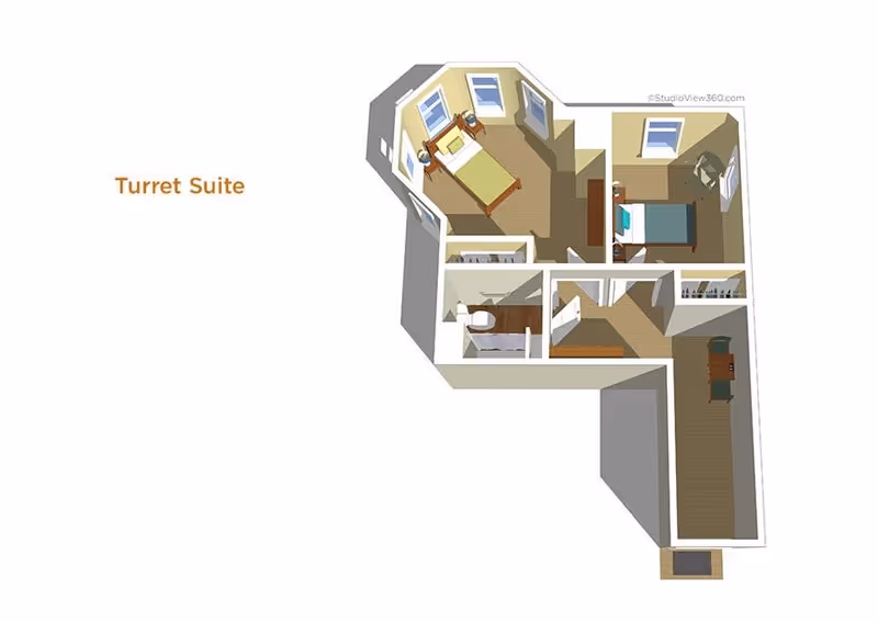 3D floor plan of the Turret Suite at Sunrise of Raleigh showing two bedrooms, a bathroom, closets, and a hallway.