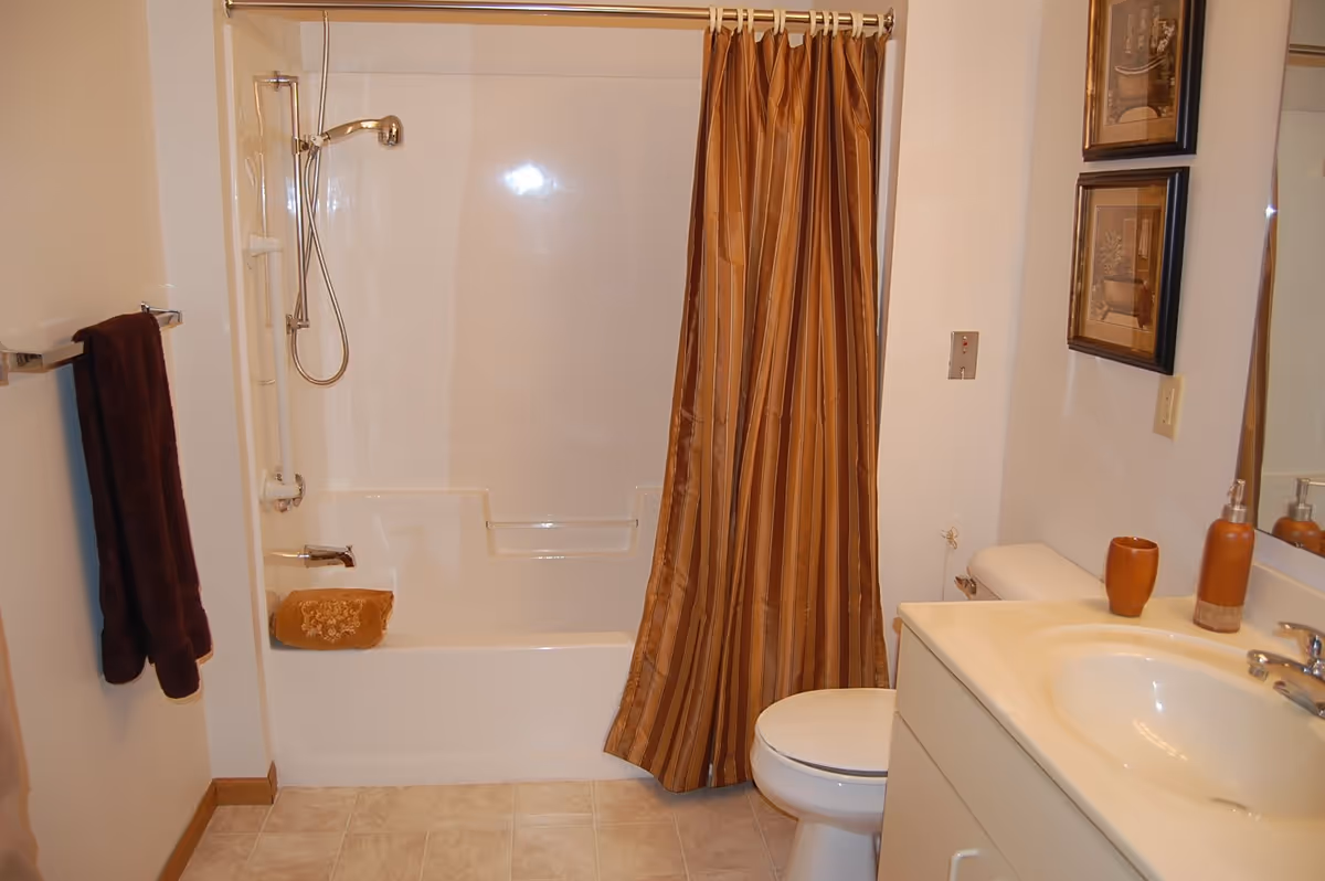 A clean bathroom featuring a white bathtub with a handheld showerhead and a brown striped shower curtain. There is a brown towel hanging on a towel rack on the left wall and a matching brown towel folded on the edge of the bathtub. The bathroom also includes a white toilet and a white sink with a countertop holding a brown soap dispenser and a matching cup. Two framed pictures hang on the wall above the toilet.