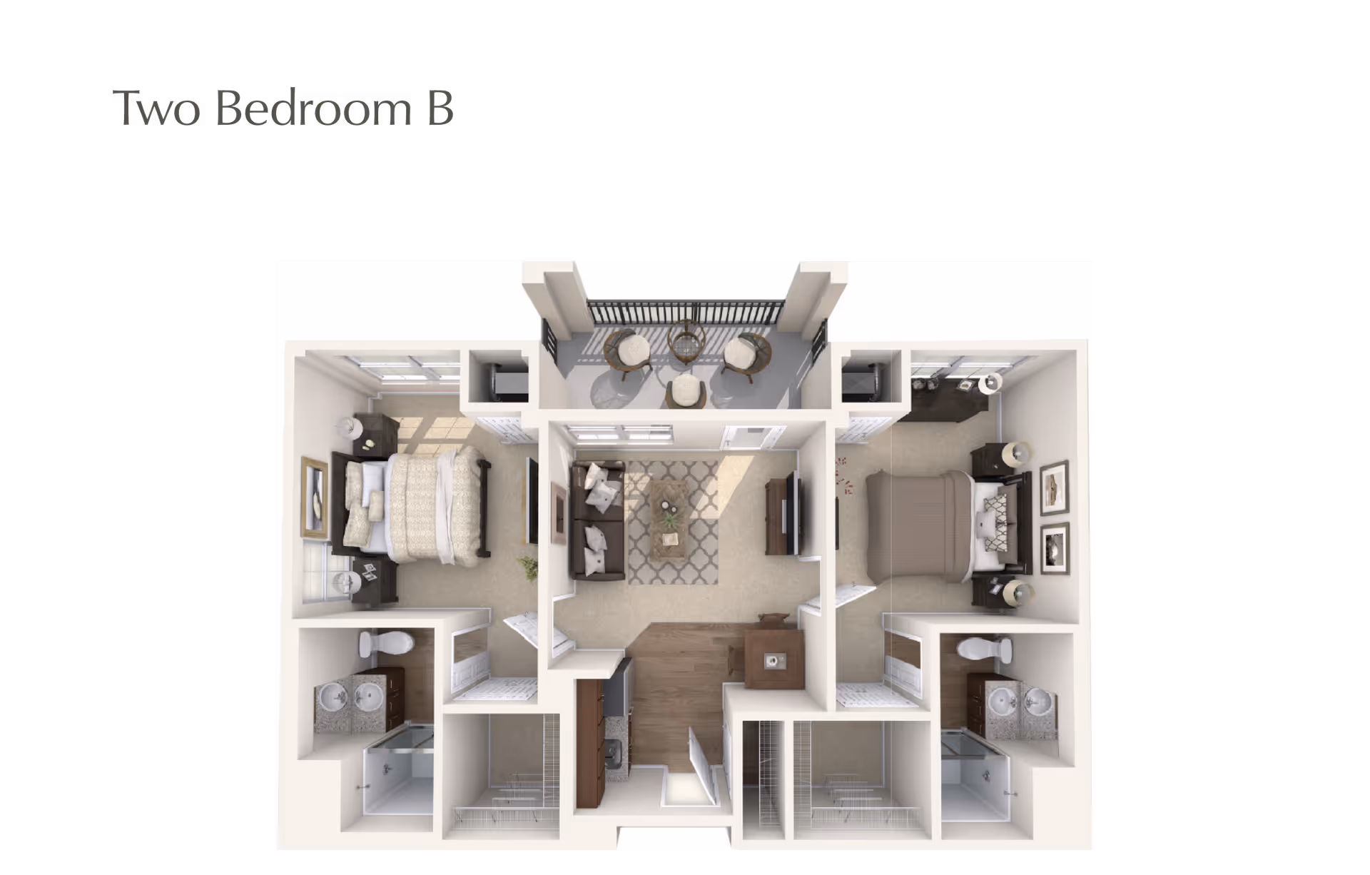 3D floor plan of a two-bedroom apartment featuring two bedrooms each with a bed and nightstands, two bathrooms with sinks and showers, a central living room with a sofa and TV, a kitchen area with appliances and a dining table, and a balcony with outdoor seating.