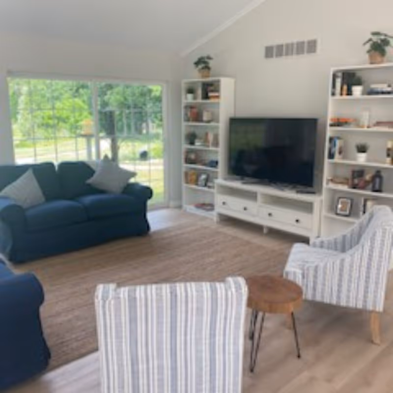 Bright living room with blue sofas, striped armchairs, a TV on a white console flanked by bookshelves, and large windows overlooking greenery.