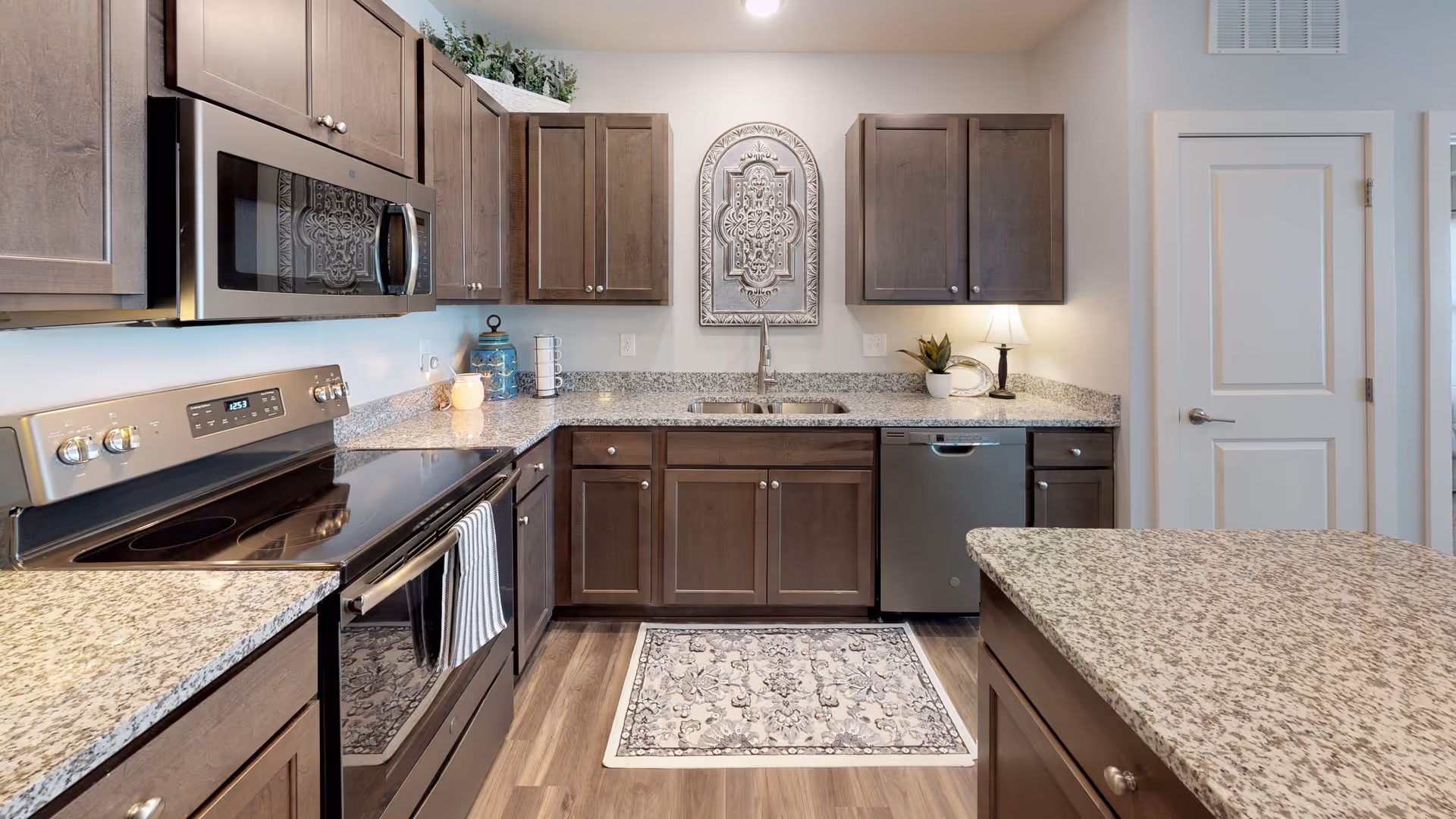 Modern kitchen with dark wooden cabinets, granite countertops, stainless steel appliances including a stove, microwave, and dishwasher. A decorative wall piece is centered above the double sink, and a small lamp and plant are on the right countertop. A patterned rug is placed on the wooden floor in front of the sink.