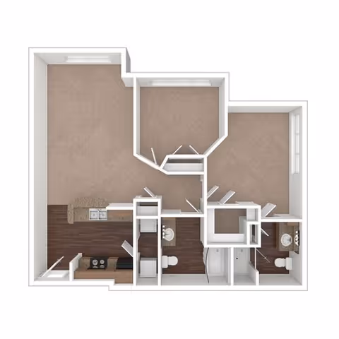 3D floor plan of an apartment unit showing a living area with kitchen, two bedrooms, two bathrooms, and closets. The living area has wood flooring, while the bedrooms are carpeted. The layout includes a kitchen with appliances, two bathrooms with sinks and toilets, and multiple closets.