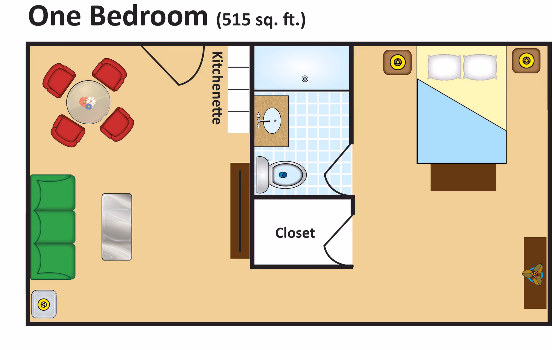 Floor plan of a one-bedroom senior living unit measuring 515 square feet, featuring a kitchenette, a bathroom with a shower, toilet, and sink, a closet, a living area with a green couch and coffee table, a dining area with a round table and four red chairs, and a bedroom with a bed, two nightstands with lamps, and a dresser.