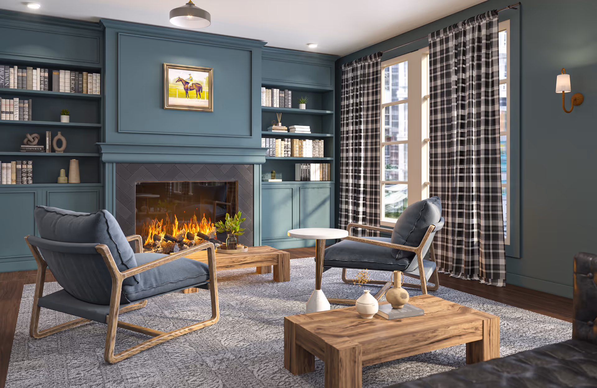 Cozy living room with a lit fireplace, teal built-in shelves, two cushioned armchairs, wooden coffee tables and a large window with plaid curtains.