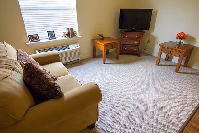 A cozy living room with a beige sofa adorned with patterned pillows, a window with blinds, a small wooden TV stand with a flat-screen television, and two wooden side tables, one with a small framed photo and the other with a vase of orange flowers.