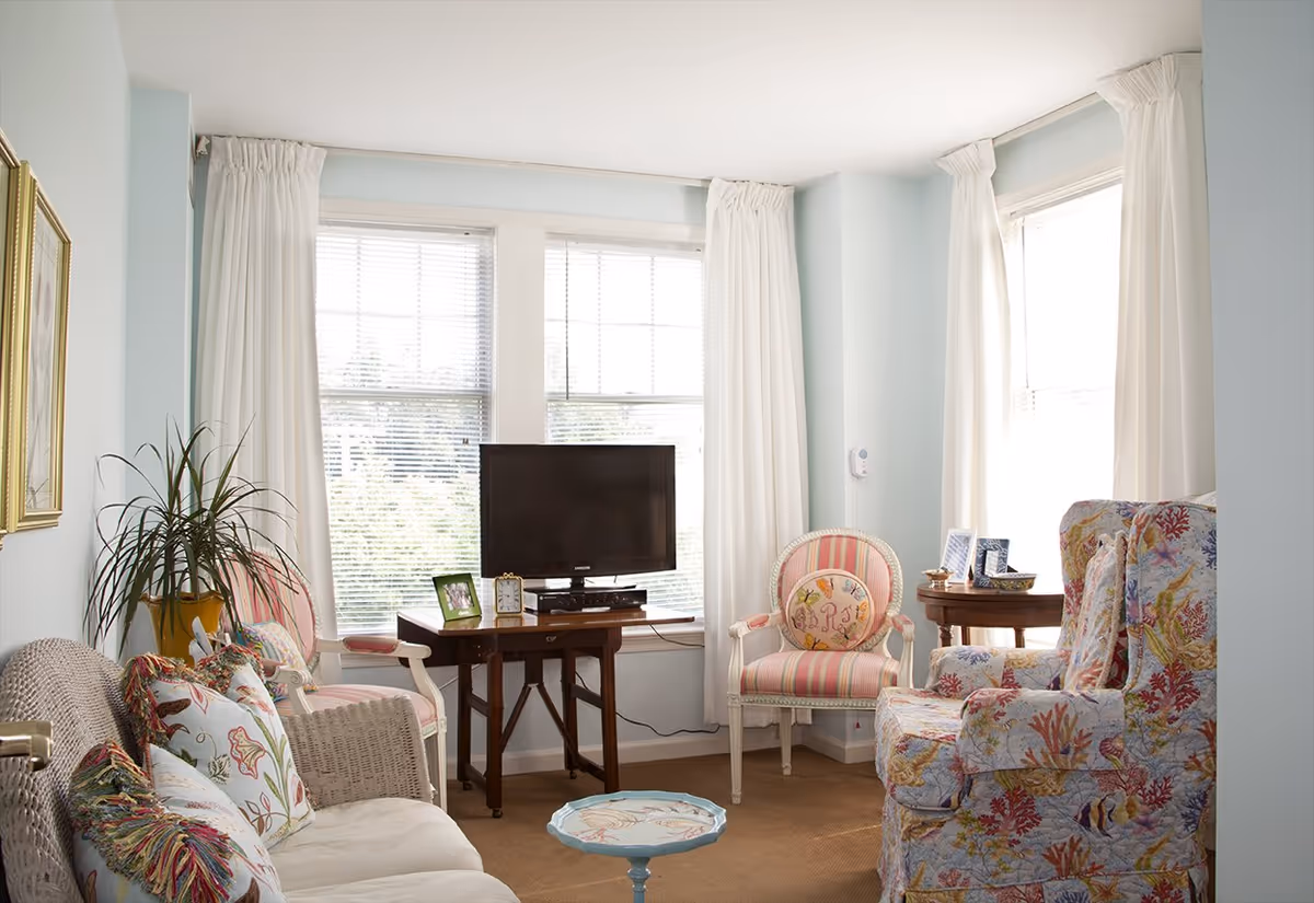 Bright living room with large windows, a TV on a small table, a wicker sofa with patterned pillows, floral armchairs, and a potted plant.