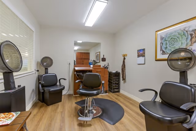 Interior of a small salon room with three black salon chairs, two hair dryers, a wooden floor, a window with blinds, a wall calendar, and a framed succulent plant picture on the wall.