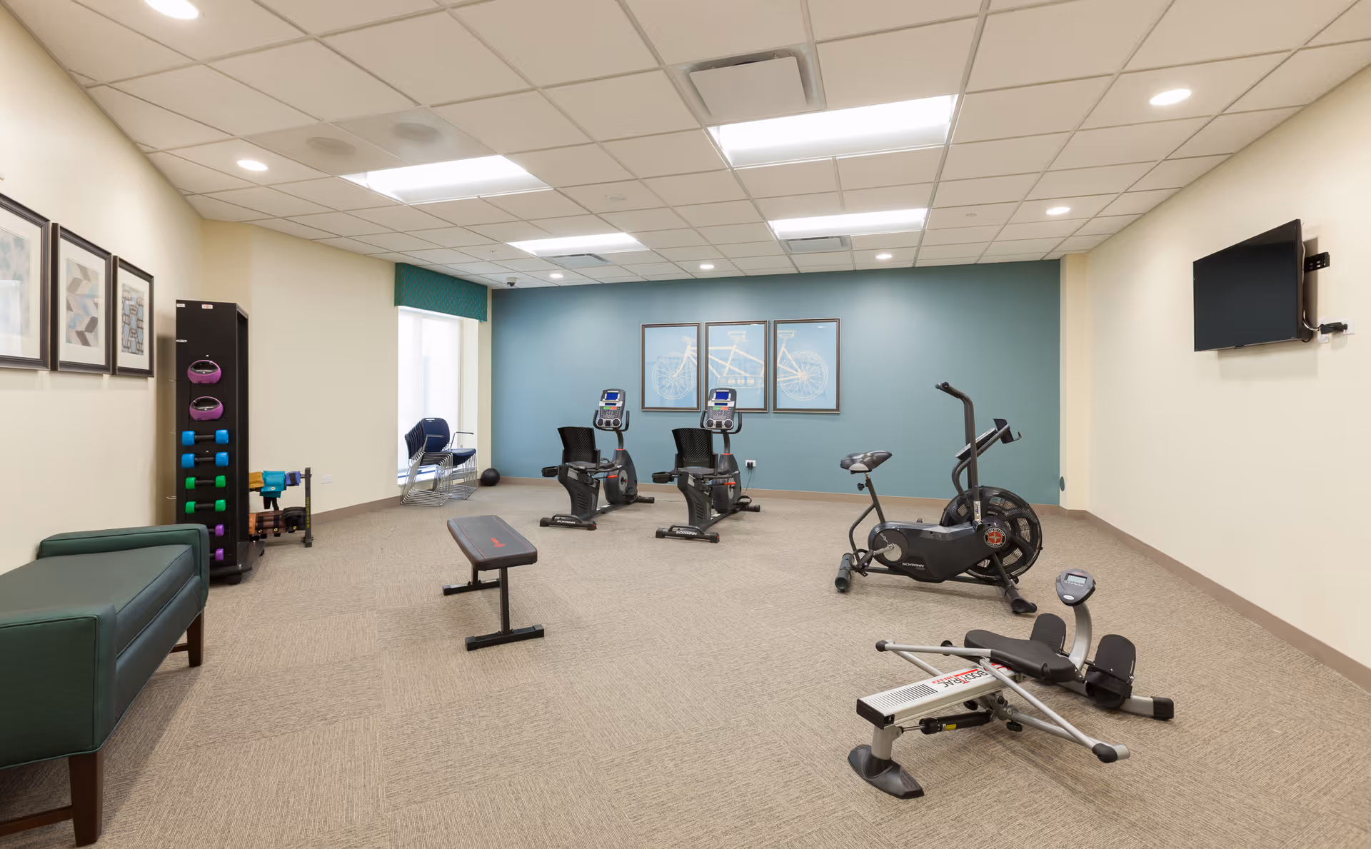 A well-lit indoor exercise room with cardio machines, a bench, free weights, and a wall-mounted TV.